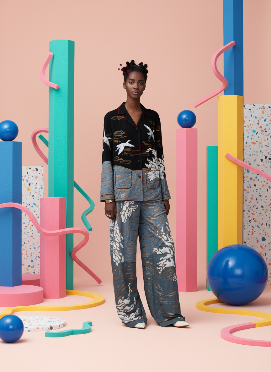Cranes and Waves Pajama Set styled within Memphis Milano archway