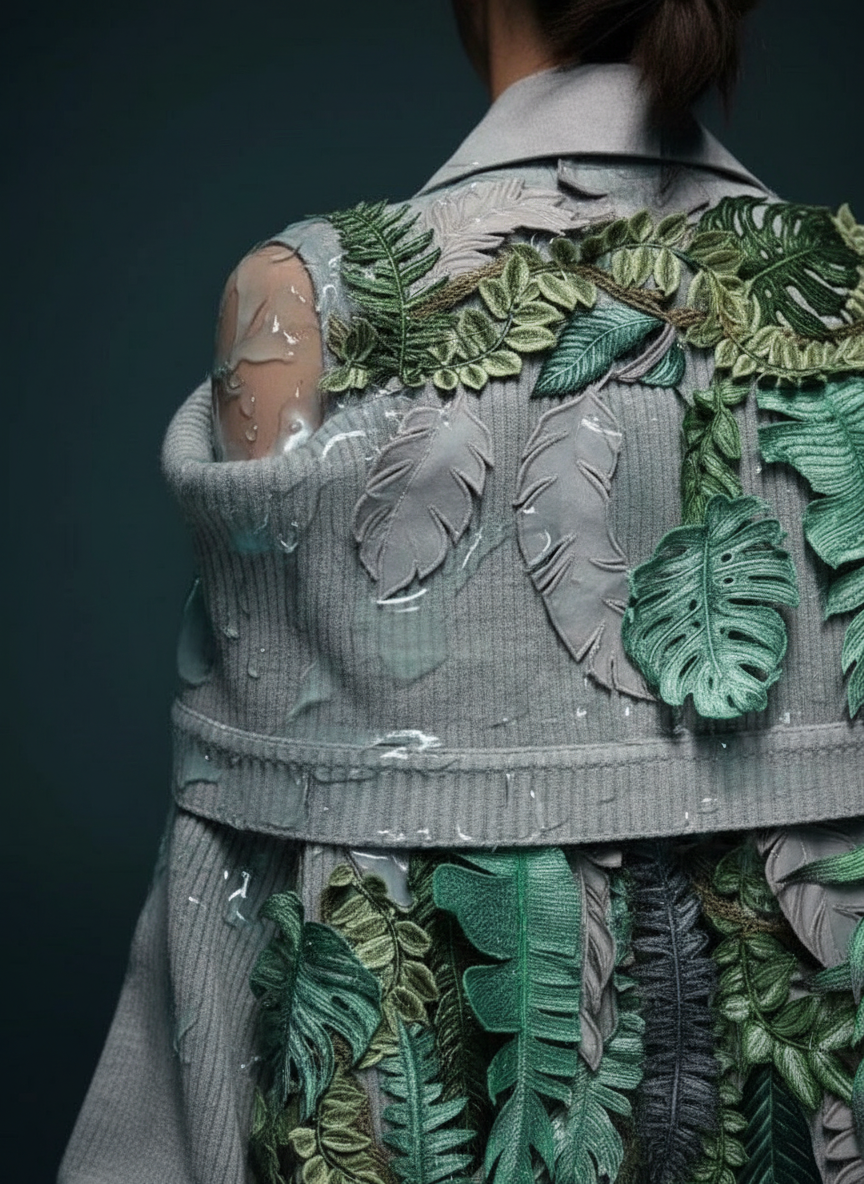 Grey knit sweater with green and grey botanical appliqué