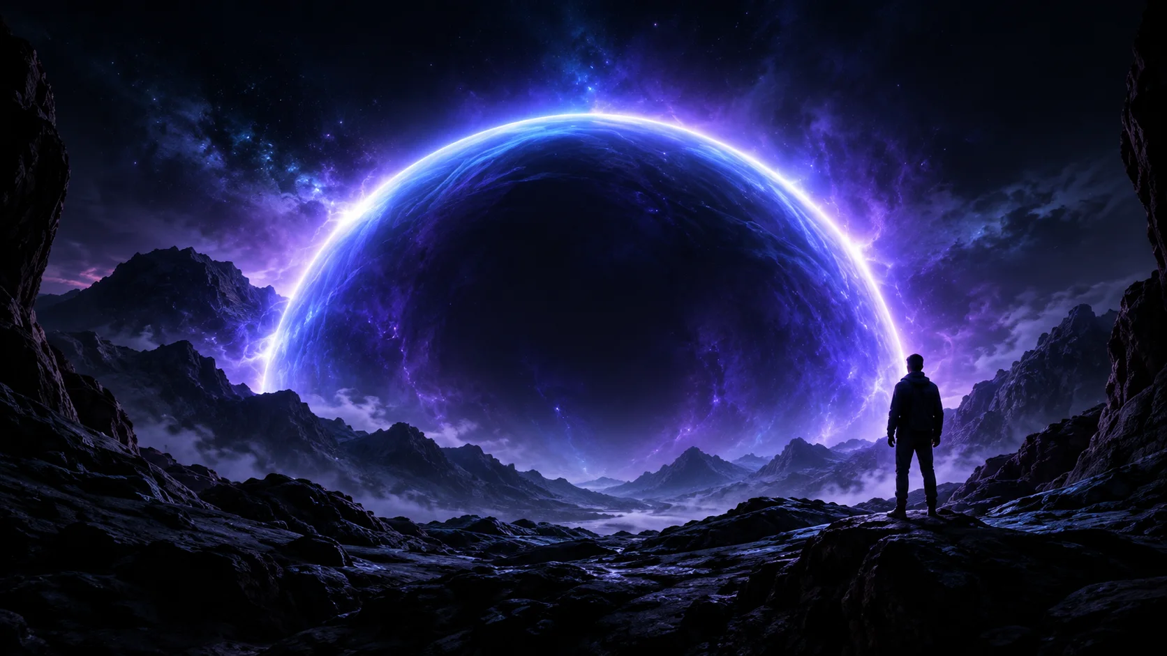 A luminous violet portal rising above a dramatic rocky valley